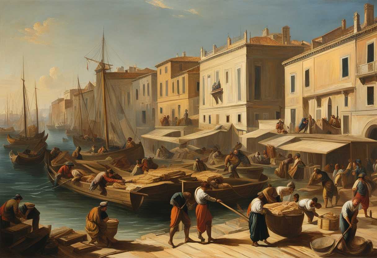 Workers-unloading-timber-from-rafts-at-a-bustling-sea-port-in-warm-sunlight_ycxg