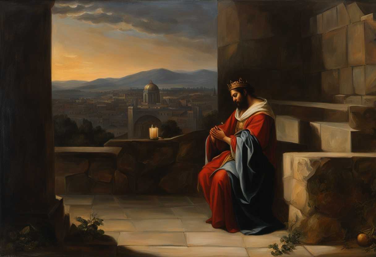 King-Manasseh-prays-at-twilight-seeking-forgiveness-amidst-Jerusalem's-ancient-shadowed-walls_hkep