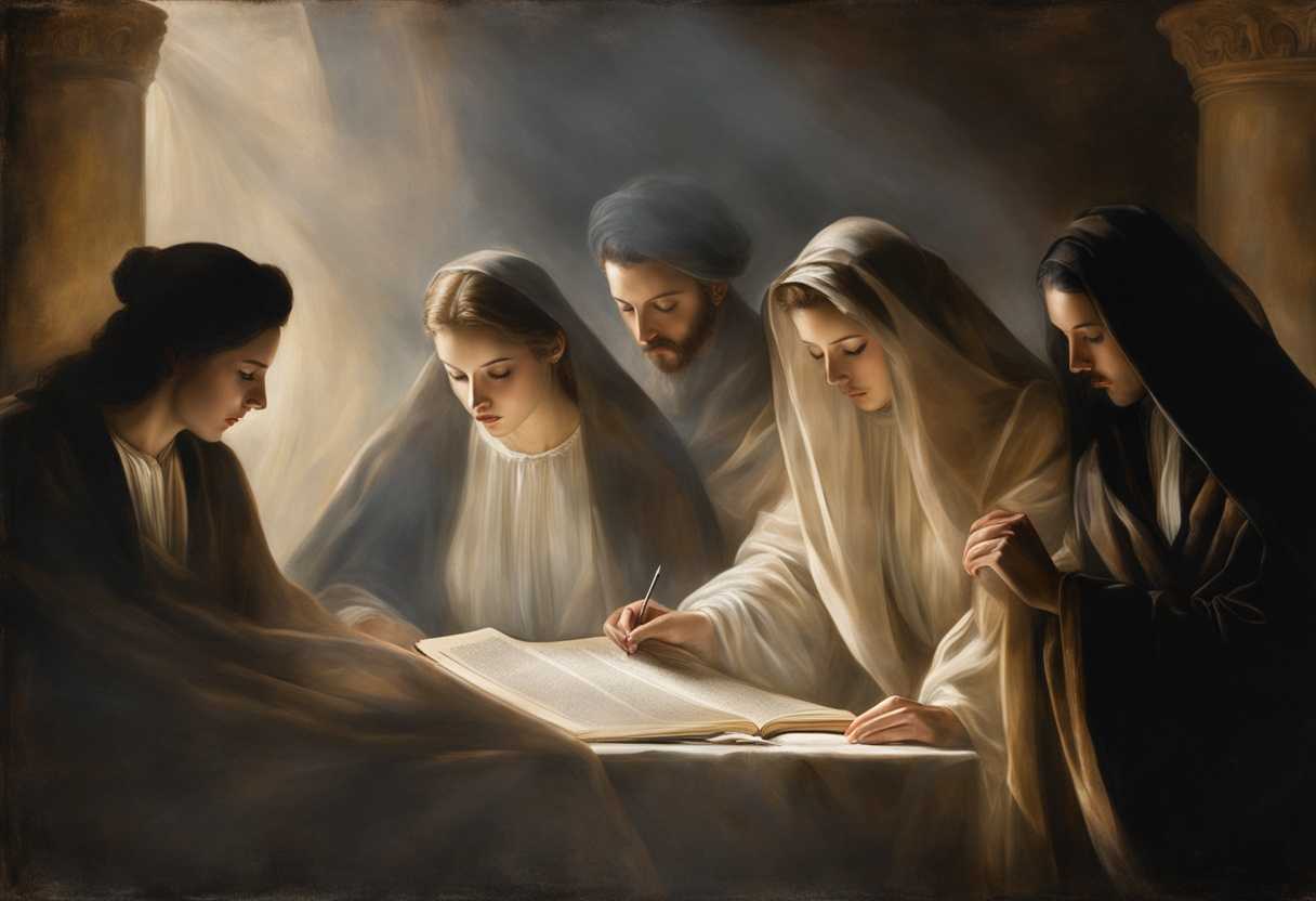 People-huddled-in-soft-light-reading-ancient-text-behind-a-veil-embodying-reverence-and-mystery_atqv