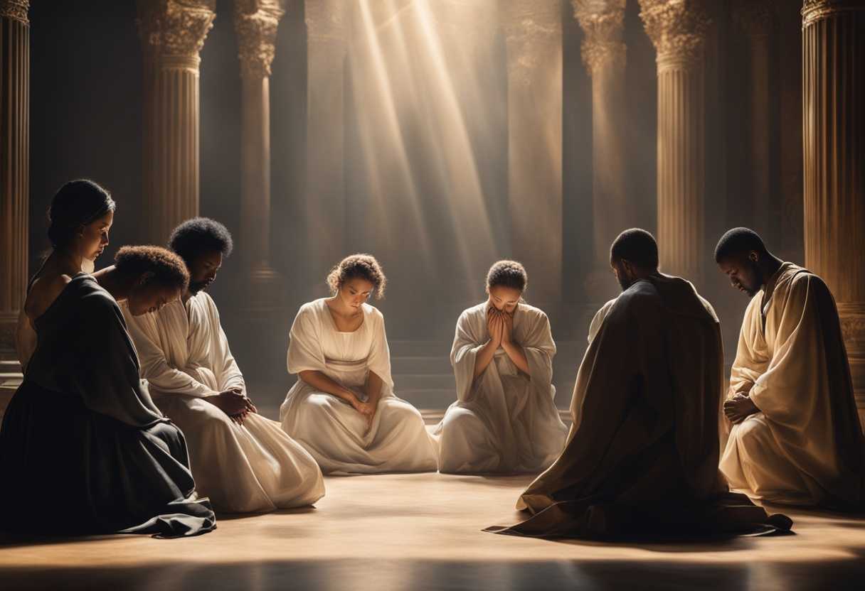A-diverse-group-in-deep-prayer-heads-bowed-bathed-in-soft-light-fostering-spiritual-connection_dbly