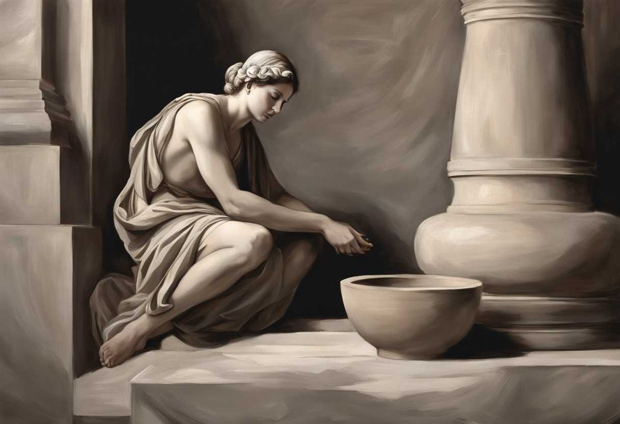 Serene-figure-gazes-at-humble-clay-jar-radiating-divine-power-in-timeless-reverence_looa