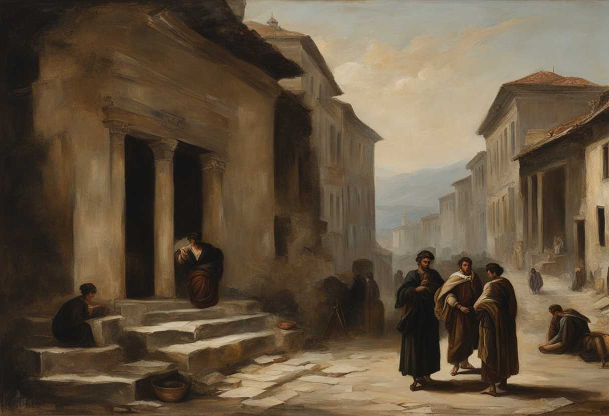 In-a-worn-down-Macedonian-street-weary-figures-stand-against-ancient-city-backdrop-hinting-at-resi_myqy