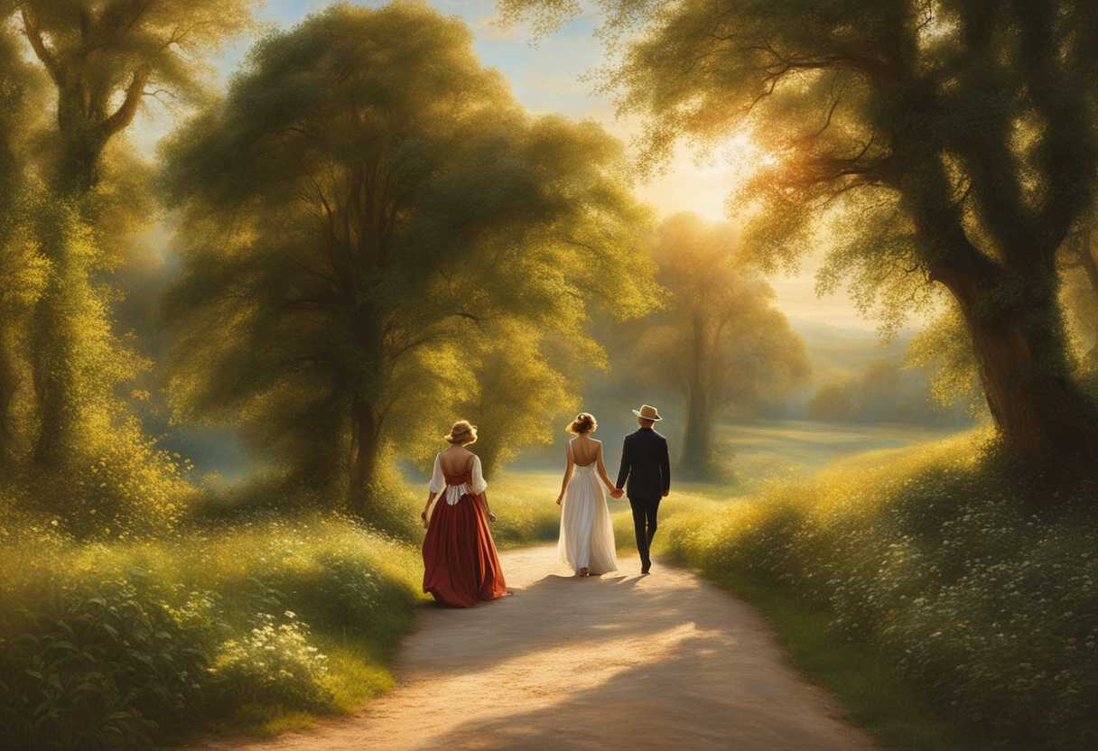 Couple-strolling-in-sync-bathed-in-sunlight-surrounded-by-nature-exuding-love-and-tranquility_jvxh