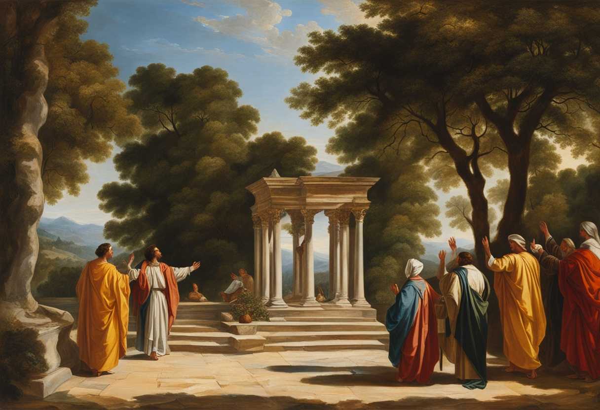 Fervent-worshippers-in-vibrant-robes-raise-hands-at-ancient-stone-altars-under-sun-drenched-trees_jgrr