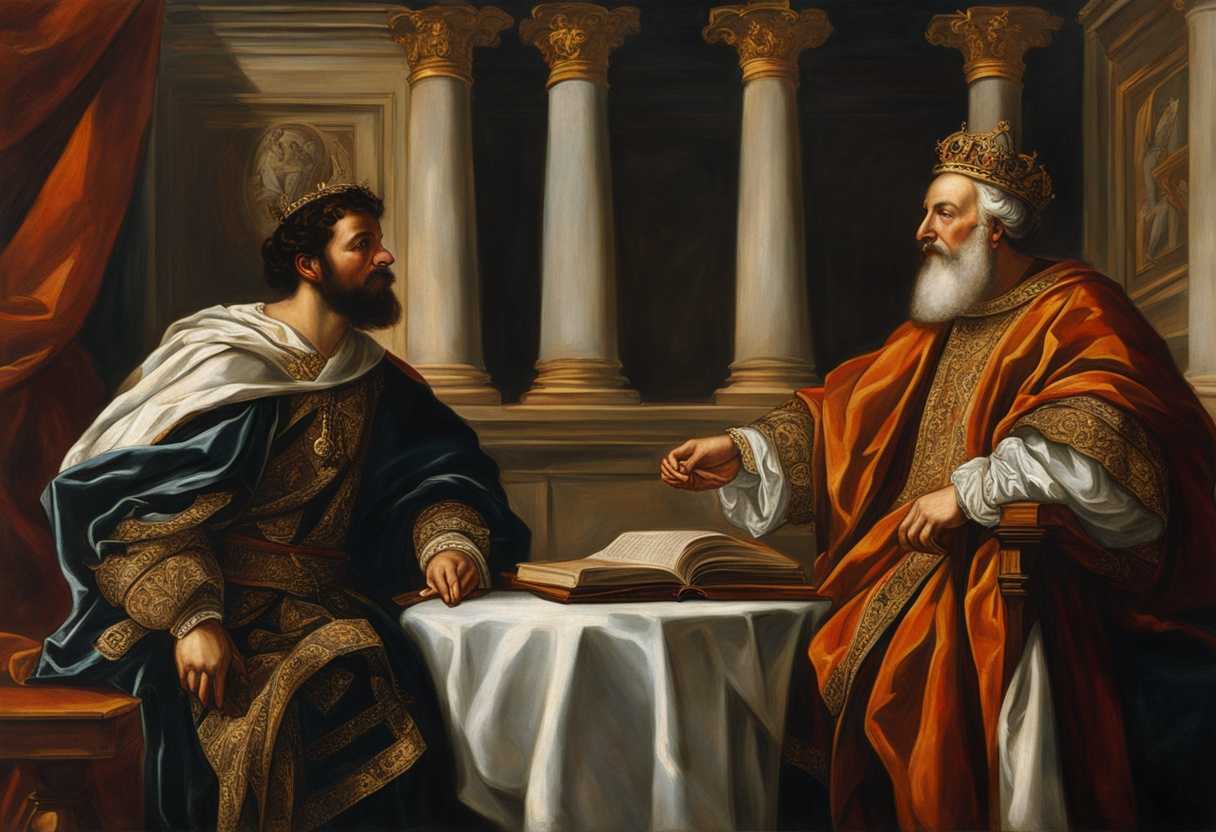 King-Josiah-and-Shaphan-in-ornate-robes-discussing-royal-matters-with-reverence-and-elegance_mytr