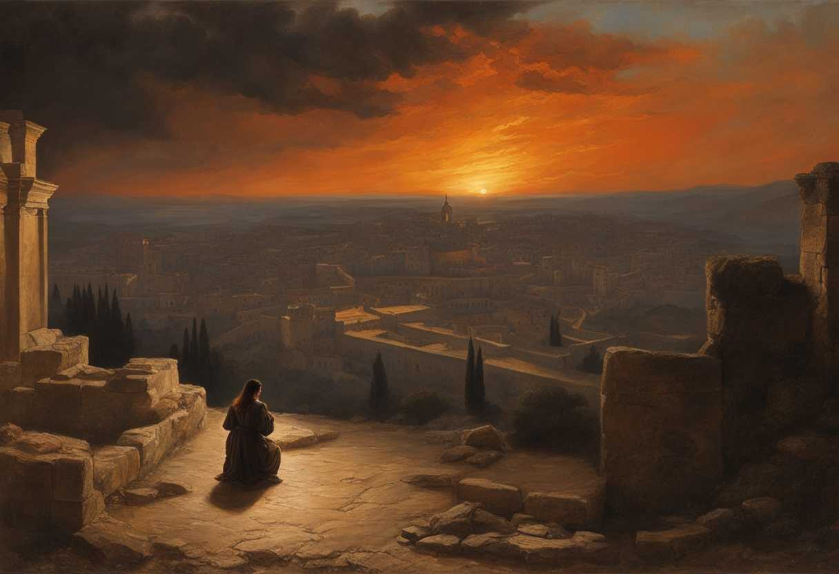 A-lone-figure-kneels-among-Jerusalem's-ruins-shadows-of-destruction-under-a-fiery-sunset_ljgq