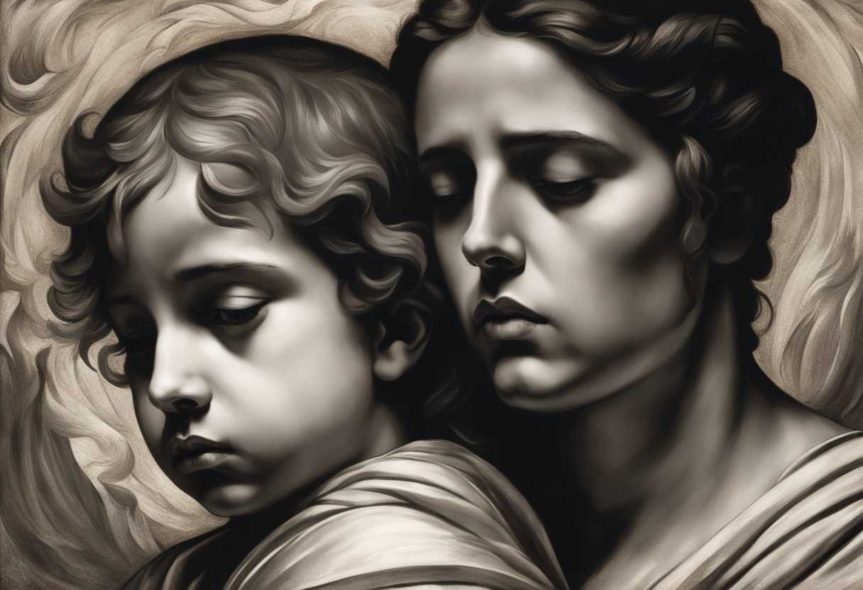 A-mother-and-son-faces-filled-with-anguish-stand-against-a-bleak-backdrop-symbolizing-survival_bgln