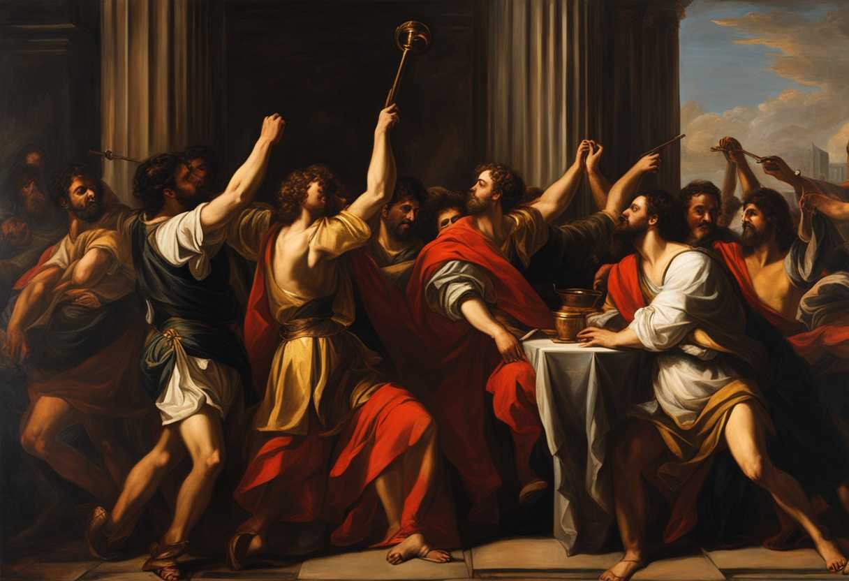 Judas-and-brothers-triumphantly-celebrate-city-conquest-battle-scars-arms-raised-in-victory_bska