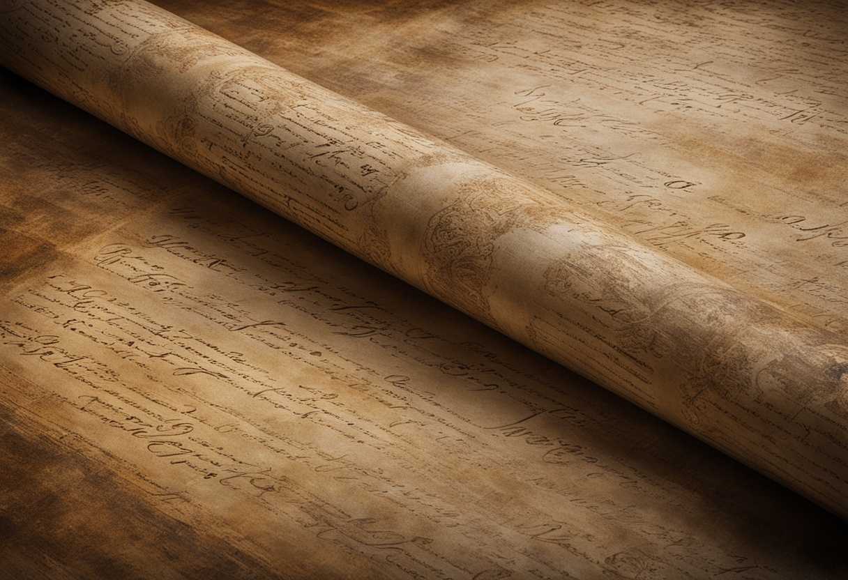 A-weathered-scroll-of-ancient-wisdom-frozen-in-time-bearing-intricate-script-and-historical-legacy_whtx