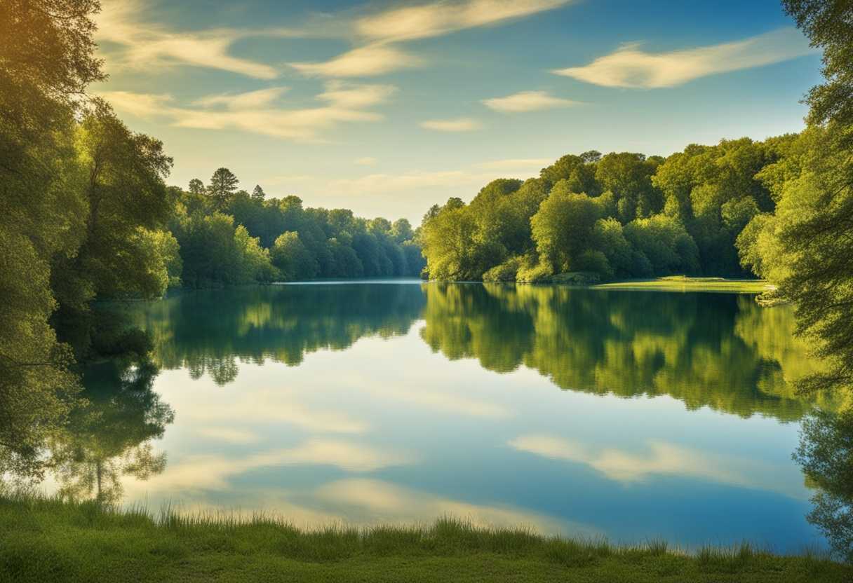 Tranquil-scene-still-lake-reflects-lush-trees-under-clear-blue-sky_bthy