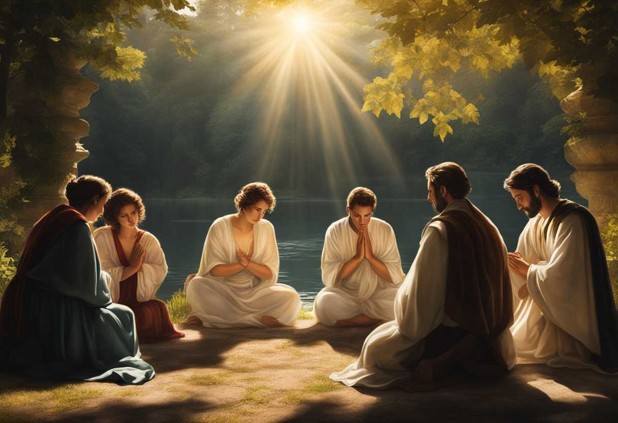 People-in-prayer-circle-under-sunlight-hands-clasped-faces-aglow-surrounded-by-nature's-tranquili_dajn