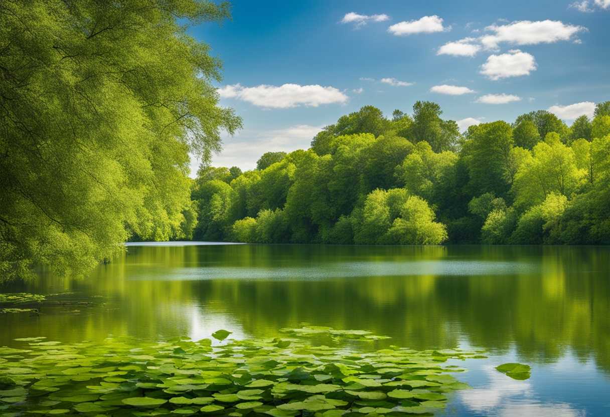 Tranquil-scene-still-lake-reflects-lush-greenery-under-clear-blue-sky-peaceful-serenity_cggl