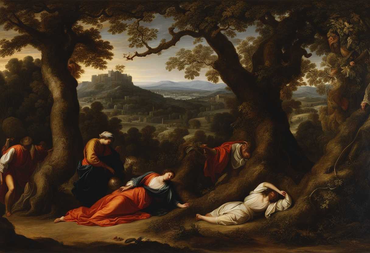 A-haunting-scene-Absalom's-lifeless-body-hangs-from-an-oak-tree-draped-in-vibrant-garments_deue