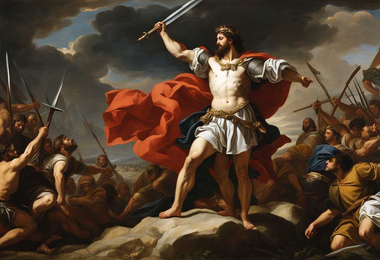 Biblical-hero-stands-victorious-amidst-Philistine-army-divine-intervention-showcasing-bravery-and-_thit