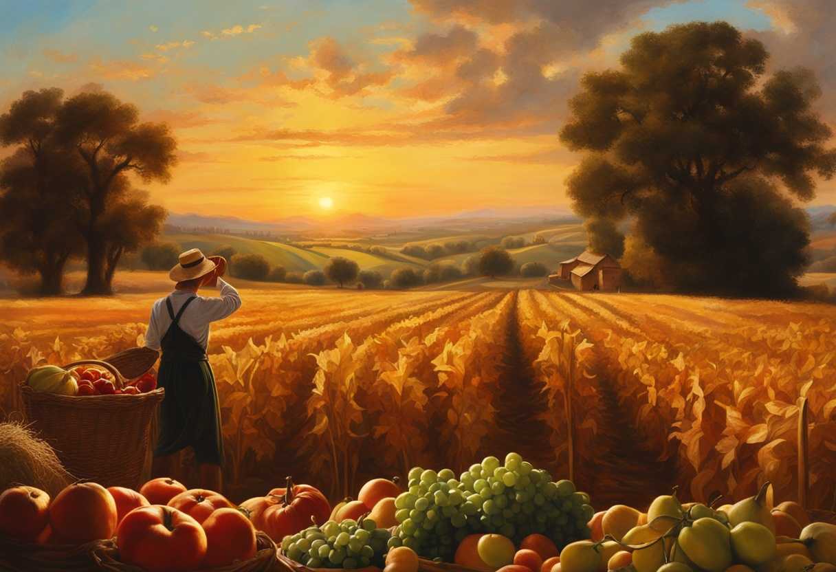 Proud-farmer-surveys-bountiful-harvest-at-sunset-vibrant-crops-swaying-in-warm-light_parm