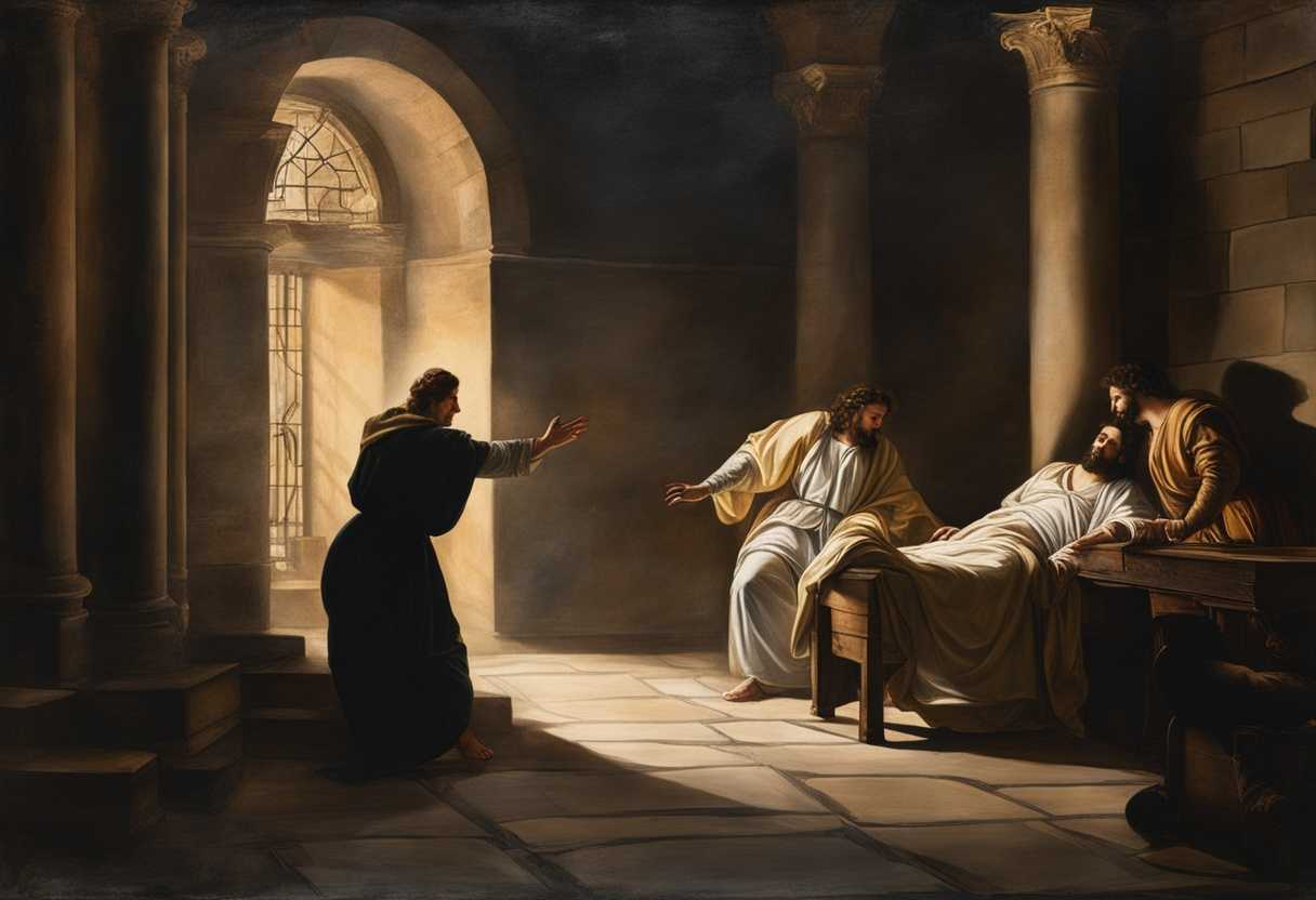 Peter-Herod-and-an-angel-in-a-prison-cell-glowing-light-miraculous-escape_qady