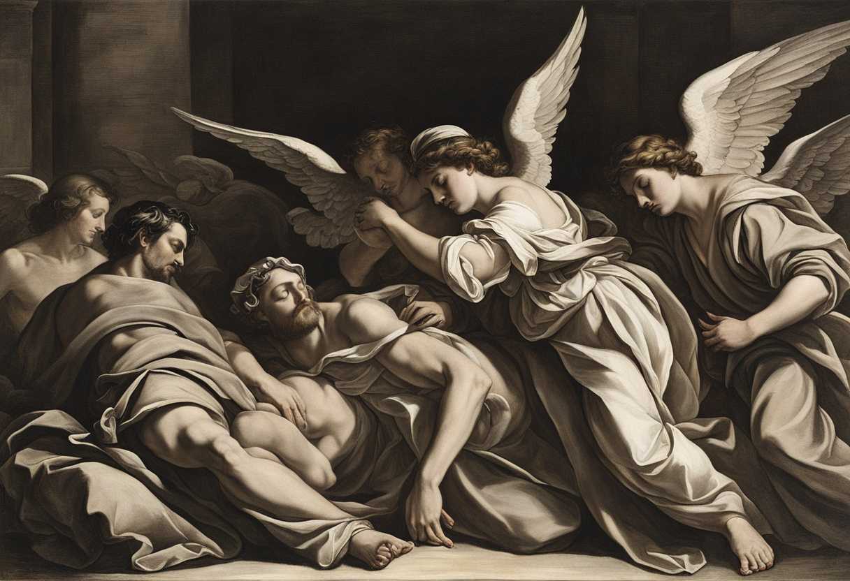 Peter-sleeps-peacefully-between-soldiers-angel-appears-in-glowing-light-wakes-him-guides-escape_hbjb