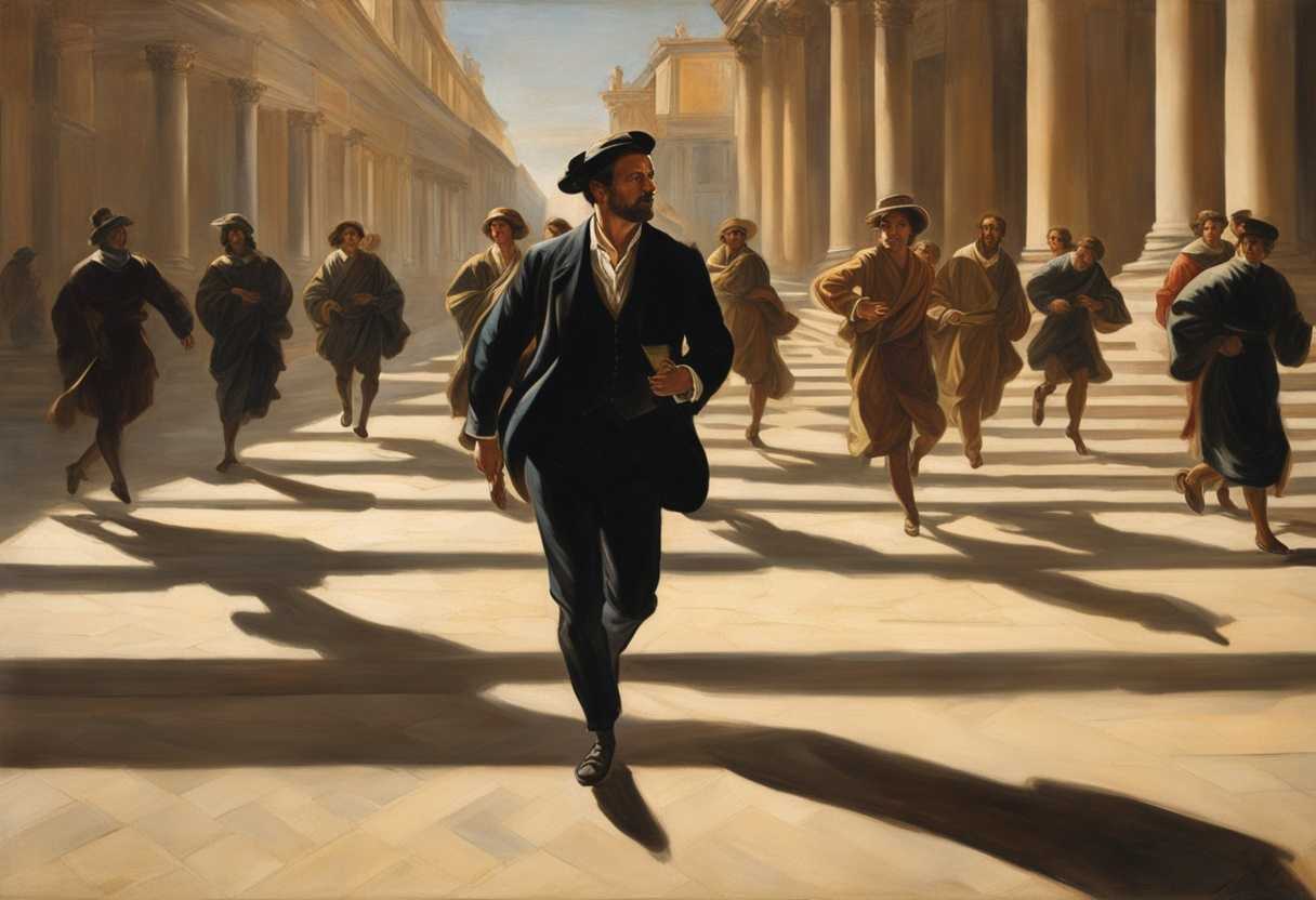 A-man-strides-confidently-away-from-a-group-bathed-in-sunlight-leaving-shadowy-figures-behind_elcv
