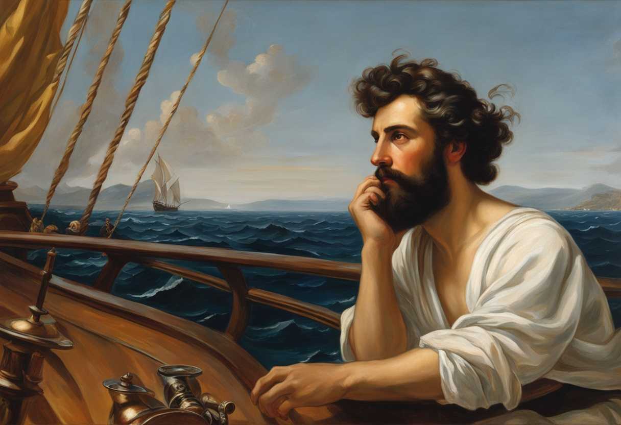 Paul-gazes-towards-Assos-from-the-ship's-deck-sails-billowing-in-the-wind-on-a-seafaring-adventure_stqk
