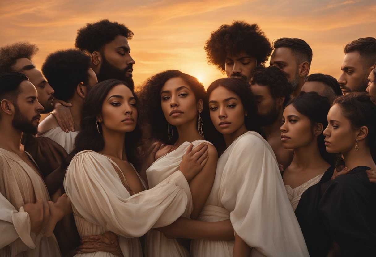 A-diverse-group-stands-in-a-circle-at-sunset-embodying-emotions-of-unity-determination-and-farewe_qvar
