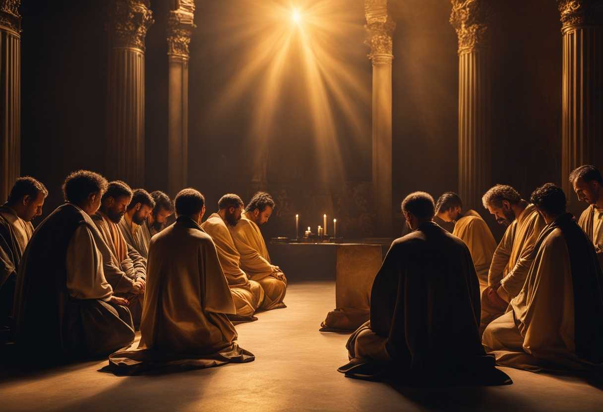 Men-in-prayer-circle-under-golden-light-faces-filled-with-hope-and-faith-serene-atmosphere_dfme