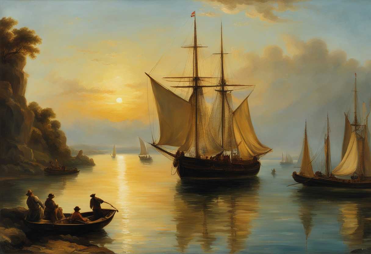 Sailors-on-a-serene-voyage-adjusting-rigging-under-golden-sunlight-on-azure-waters_tiax