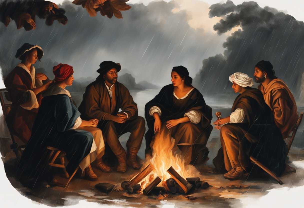 A-diverse-group-of-people-sharing-stories-and-warmth-around-a-campfire-in-the-rain_cael