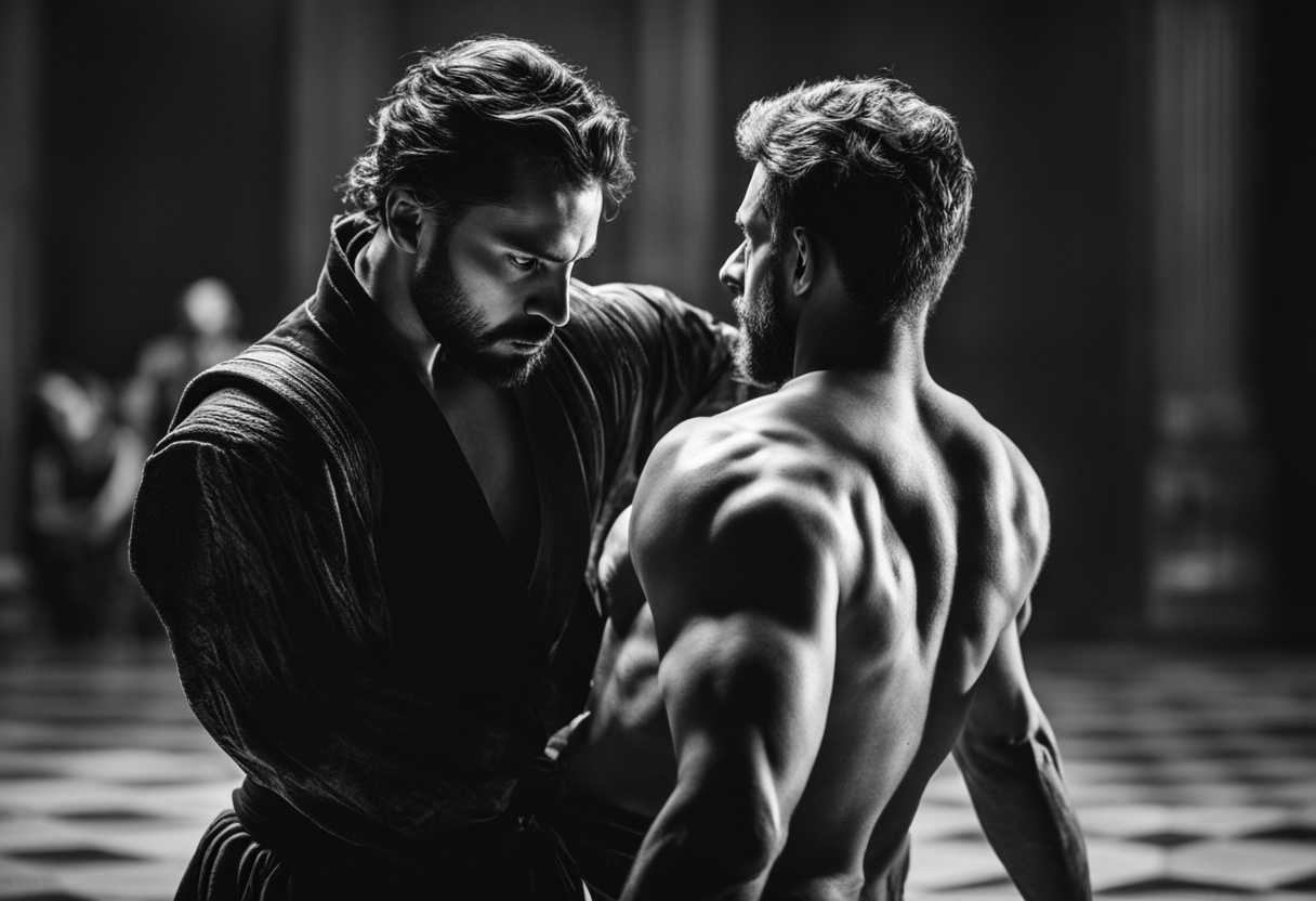 Dramatic-black-and-white-photo-defender-protects-vulnerable-man-intense-tension-powerful-stance_sgrz