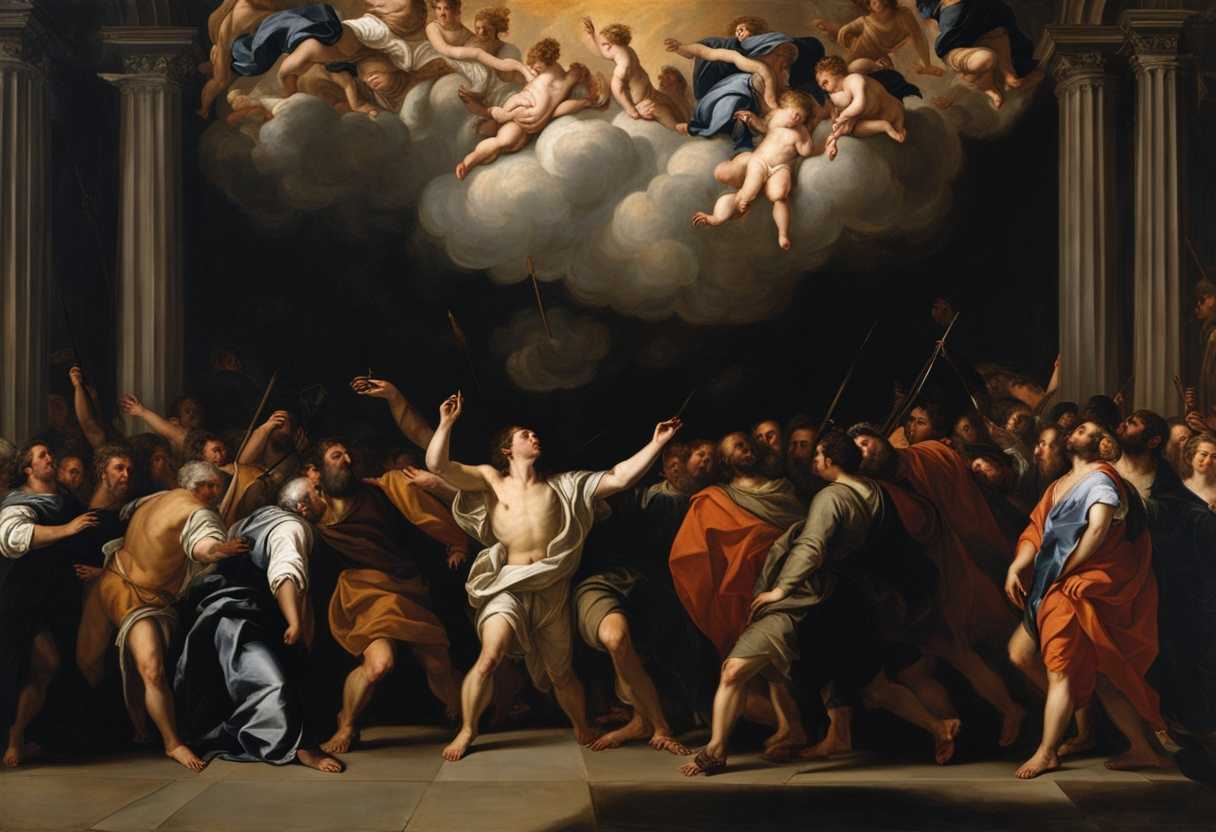 Stephen-stands-calmly-amidst-a-furious-crowd-gazing-towards-heaven-as-they-react-aggressively_tkgd