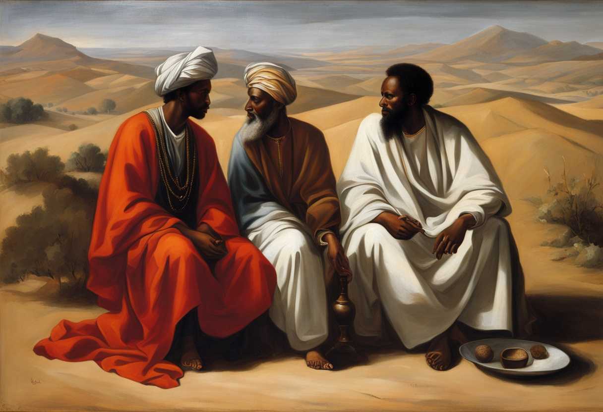 Philip-and-Ethiopian-eunuch-discuss-Isaiah-in-desert-exchanging-knowledge-and-contemplation-in-isol_hdez