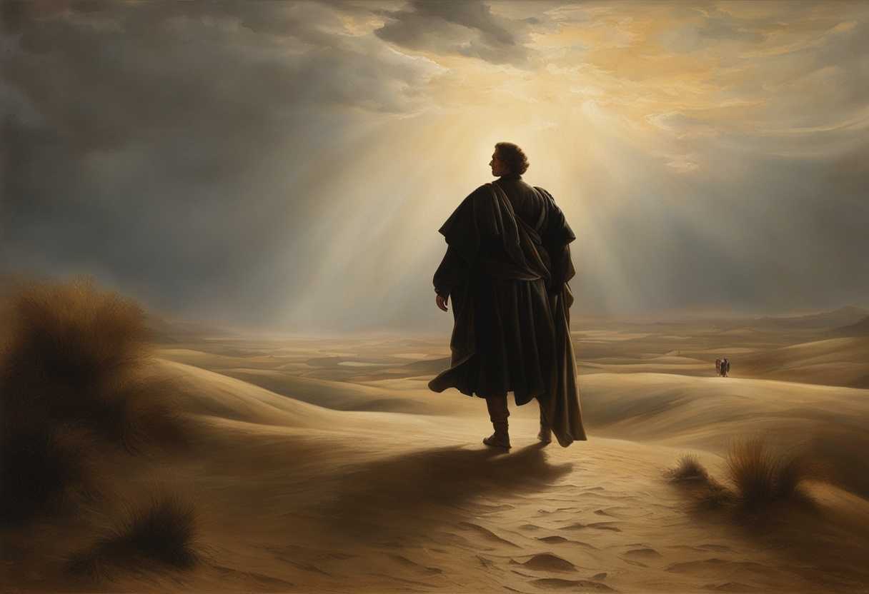 Philip-stands-in-a-vast-desert-guided-by-an-angel-amidst-ethereal-light-and-barren-landscape_arfo