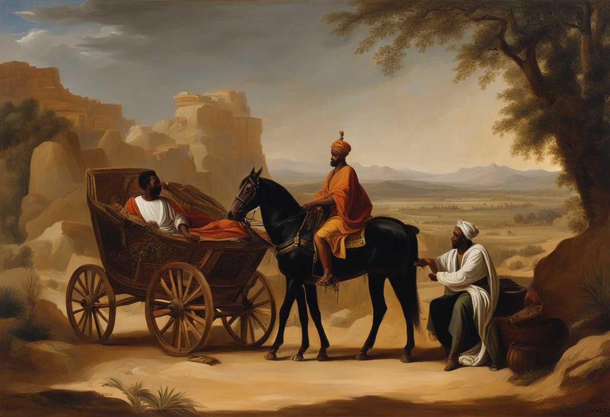 Philip-and-the-Ethiopian-eunuch-discuss-scripture-in-a-chariot-in-a-desert-oasis_bopv