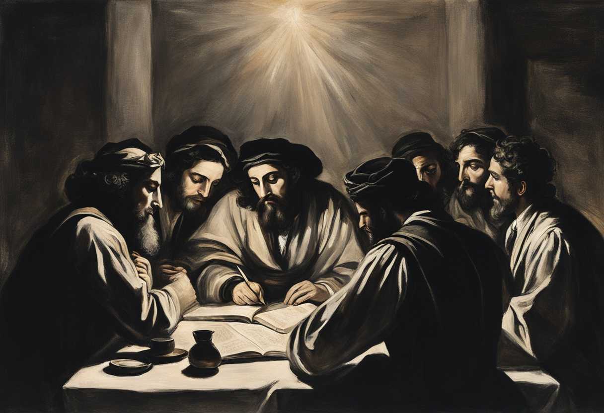 Jewish-group-huddled-in-dim-light-intense-expressions-discussing-secret-plans-with-urgency_rqcb