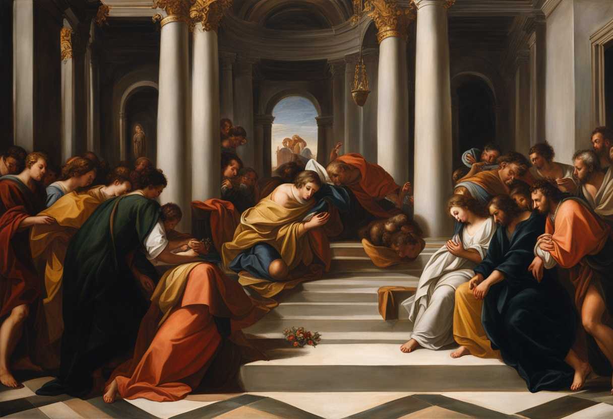 Peter-prays-with-determination-in-an-upper-room-surrounded-by-grieving-widows-and-disciples_vbds