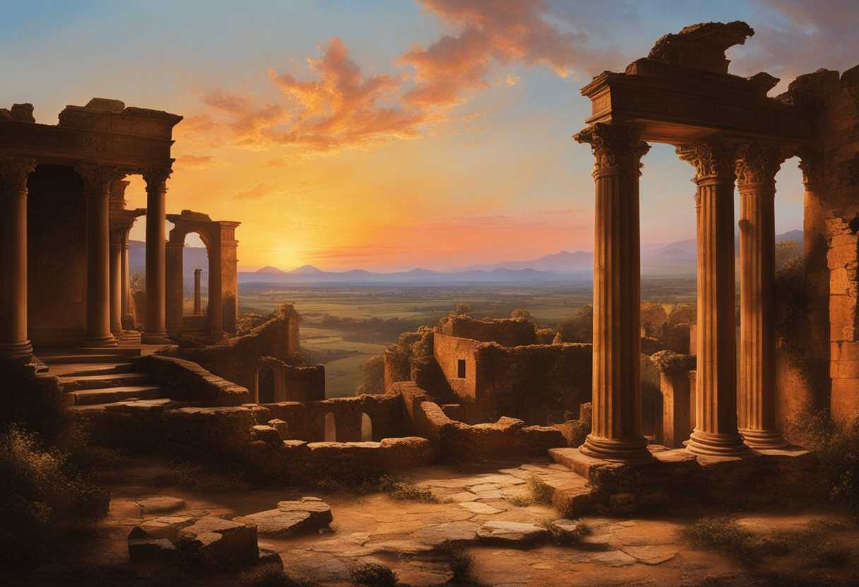 Ancient-ruins-bask-in-vibrant-sunset-hues-casting-captivating-shadows-over-vast-weathered-landscap_dybo