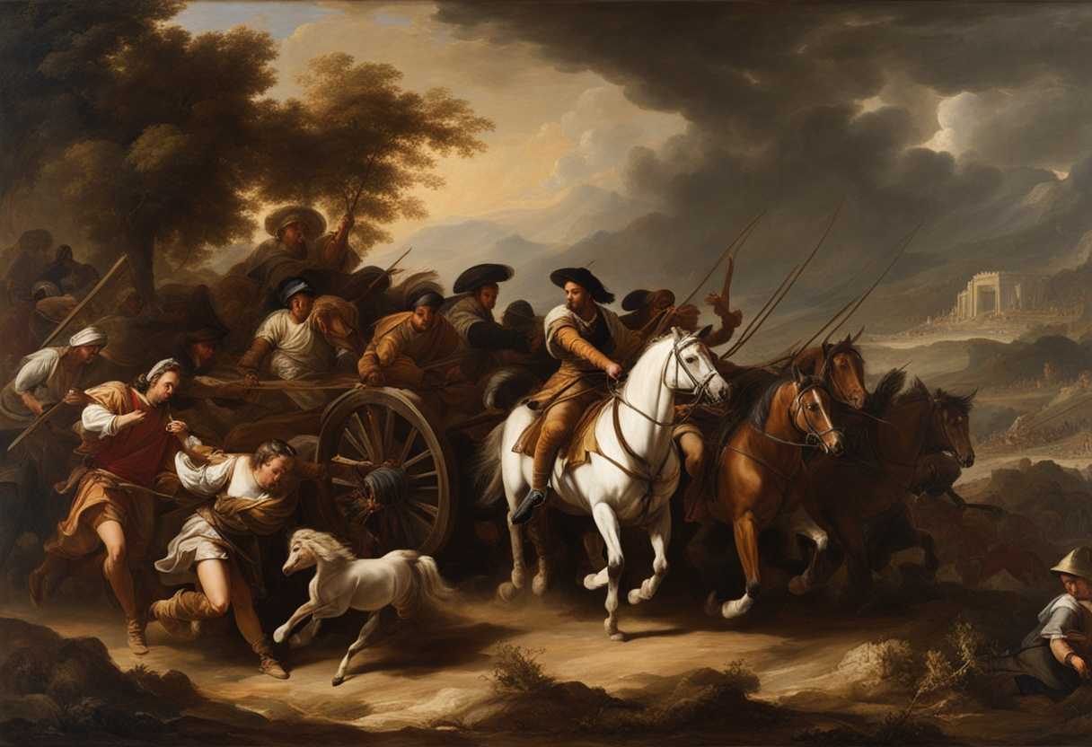 A-tense-battle-scene-with-a-cart-of-sheaves-a-bow-swift-strong-mighty-figures-and-a-horse_osqi