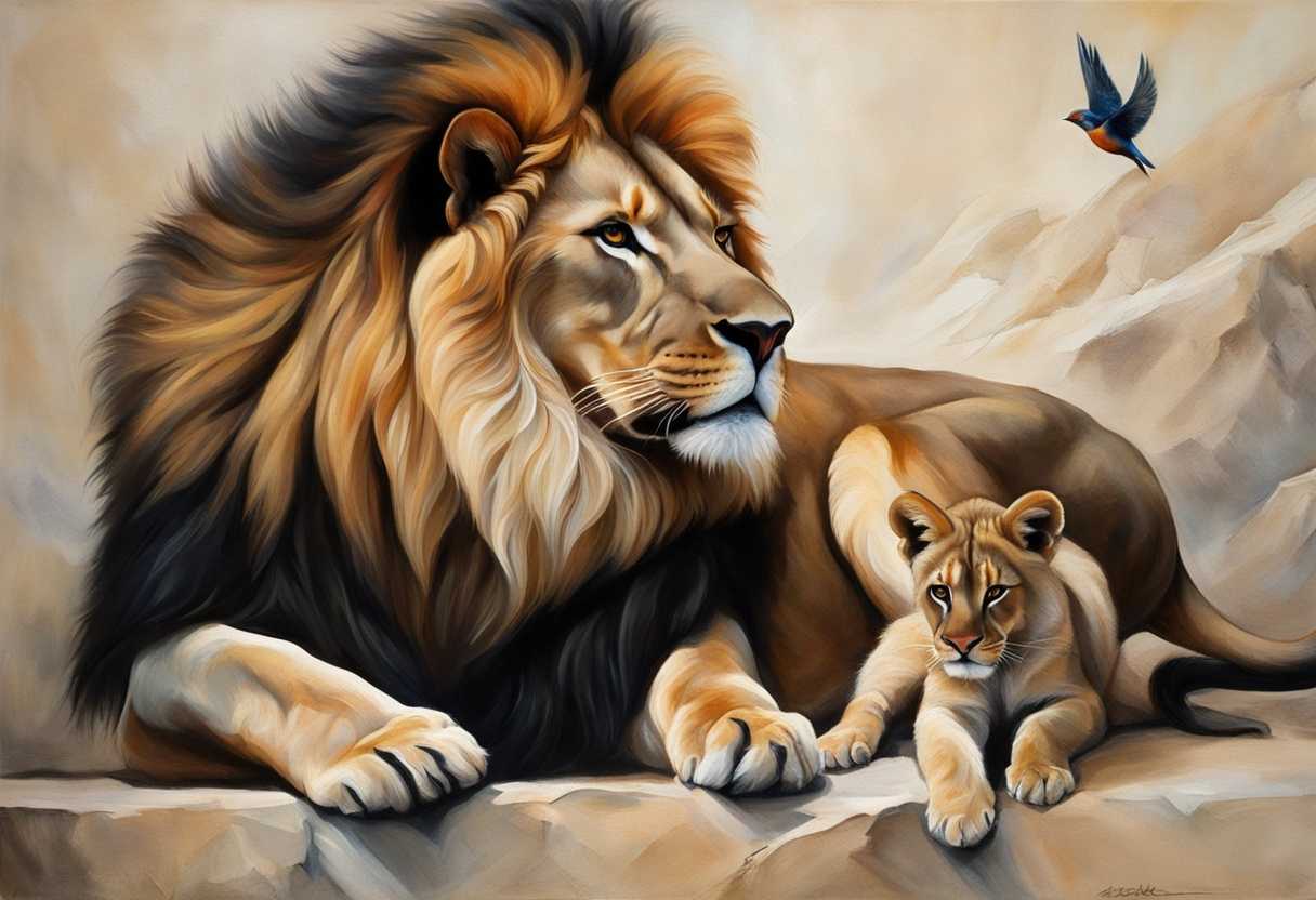 A-young-lion-and-a-bird-in-a-powerful-majestic-and-captivating-natural-interaction_milx