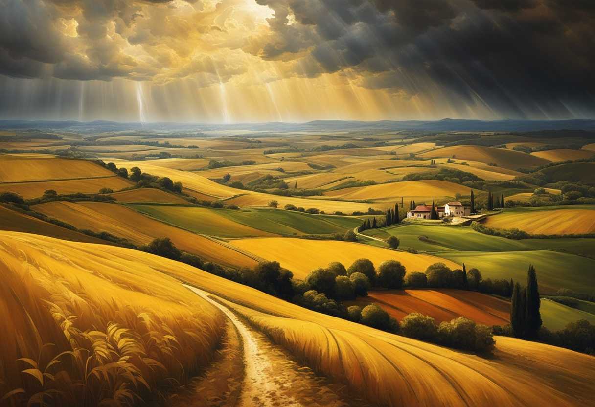 A-landscape-of-golden-fields-under-rain-and-sun-cities-in-the-distance-nature's-power_kive