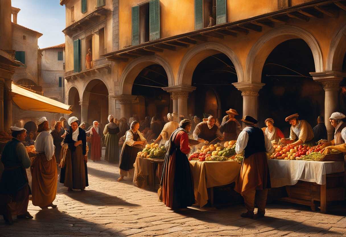Busy-marketplace-at-sunset-vendors-arranging-stalls-customers-bargaining-colorful-scene-bathed-in_wdks
