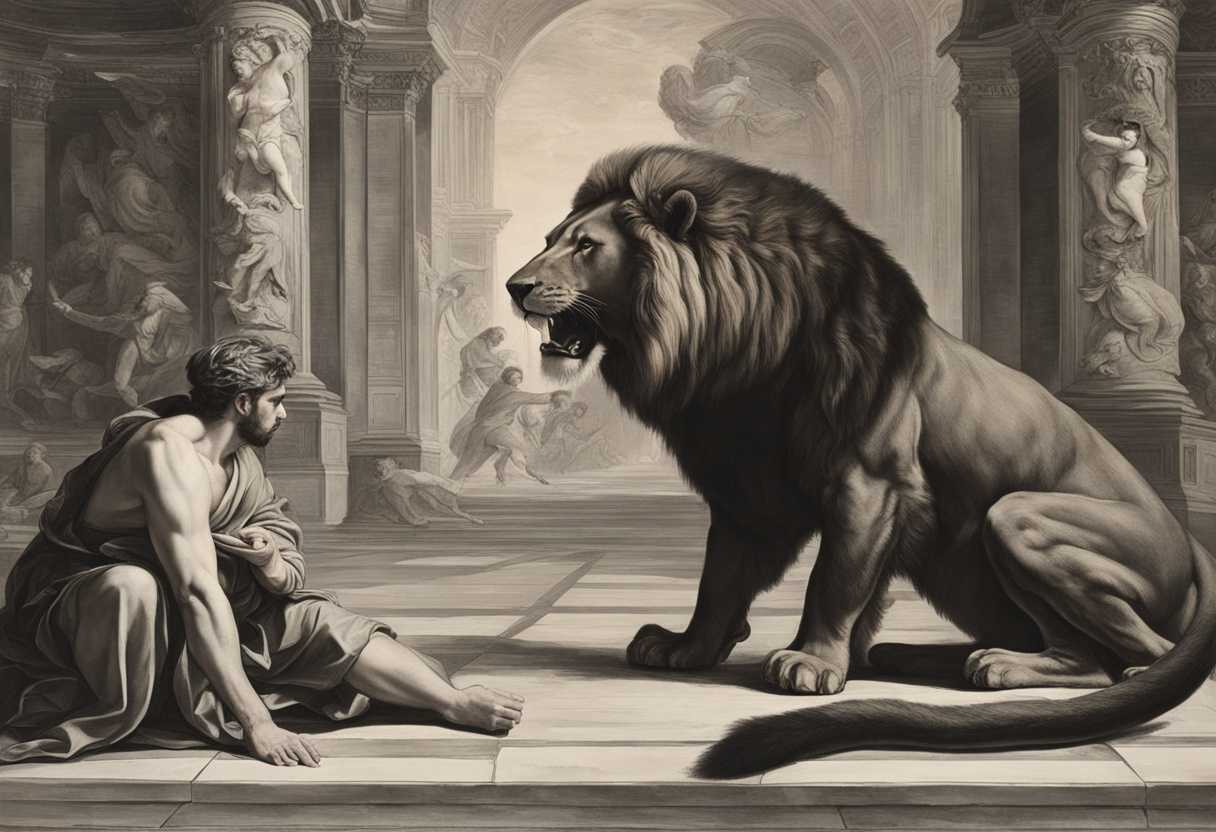 A-man-faces-a-lion-bear-and-serpent-in-a-tense-dramatic-showdown_rlvs
