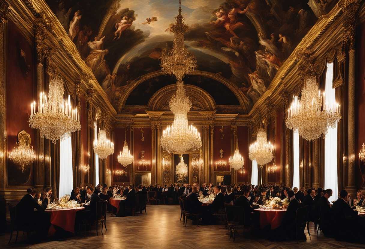 Lavish-banquet-under-golden-chandeliers-shadows-of-suffering-contrast-the-elite's-opulence_vapr