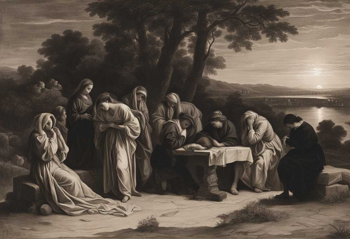 A-somber-scene-at-sunset-grieving-people-in-sackcloth-lamenting-with-sorrowful-songs-for-a-lost-so_xsxl