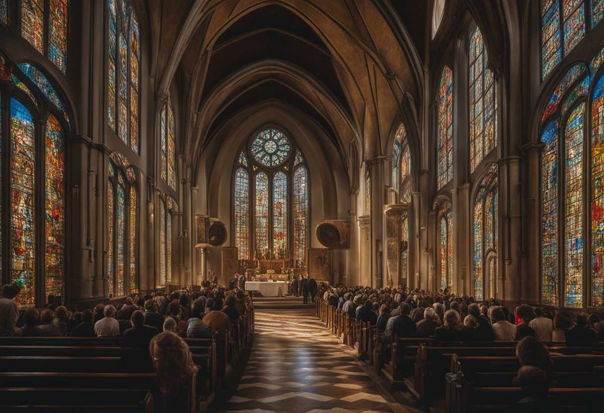 People-in-a-church-heads-bowed-in-prayer-surrounded-by-stained-glass-radiating-unity-and-devotion_fokm