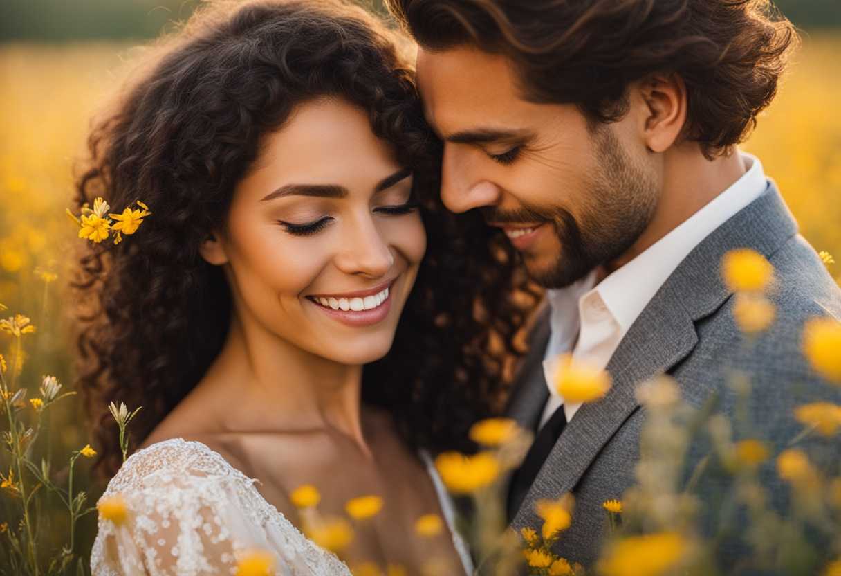 Couple-embraces-in-wildflower-field-basking-in-sunlight-sharing-genuine-smiles-and-deep-connection_xvzi