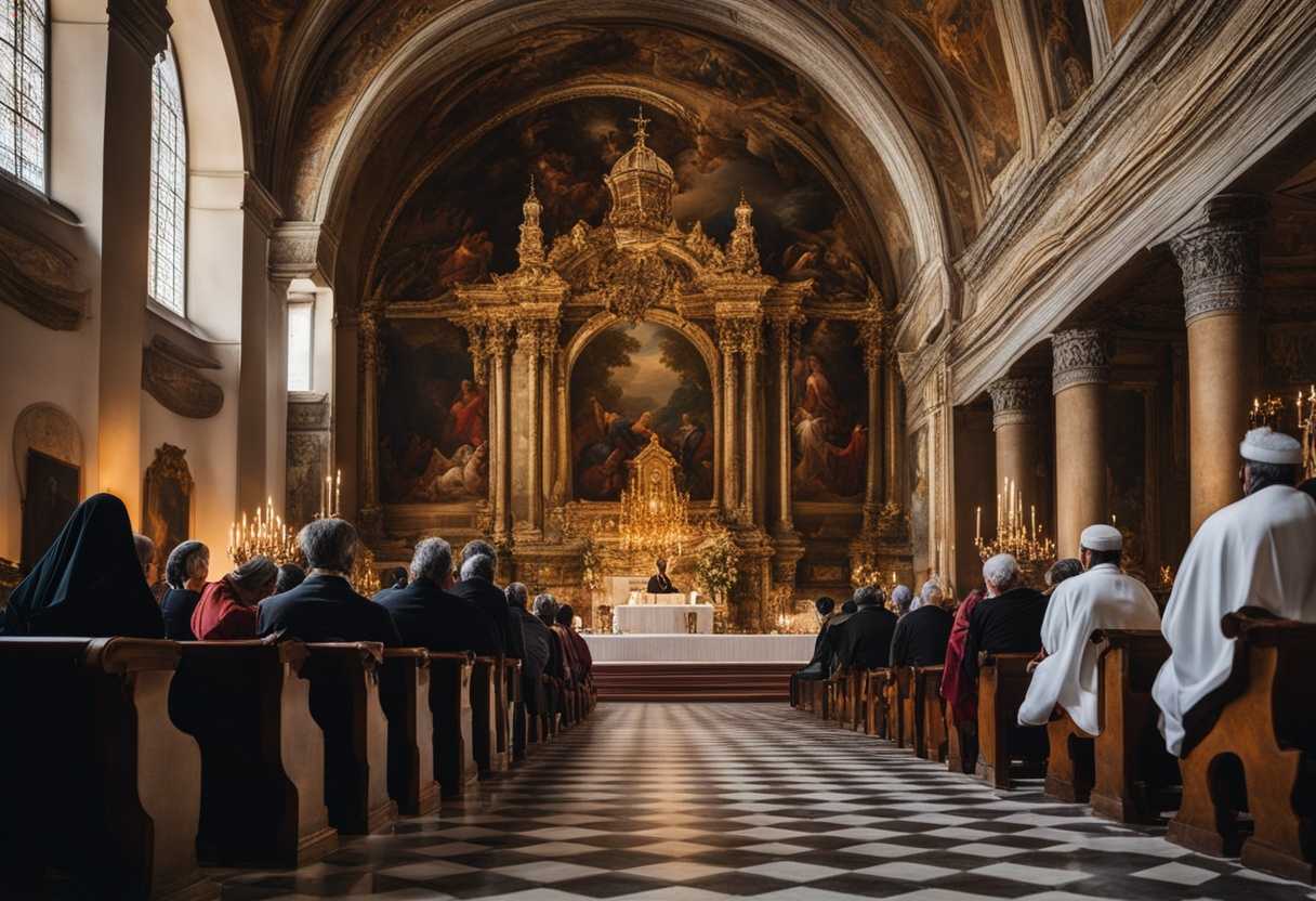 People-in-traditional-religious-attire-pray-together-in-a-serene-church-united-in-devotion_xdlw
