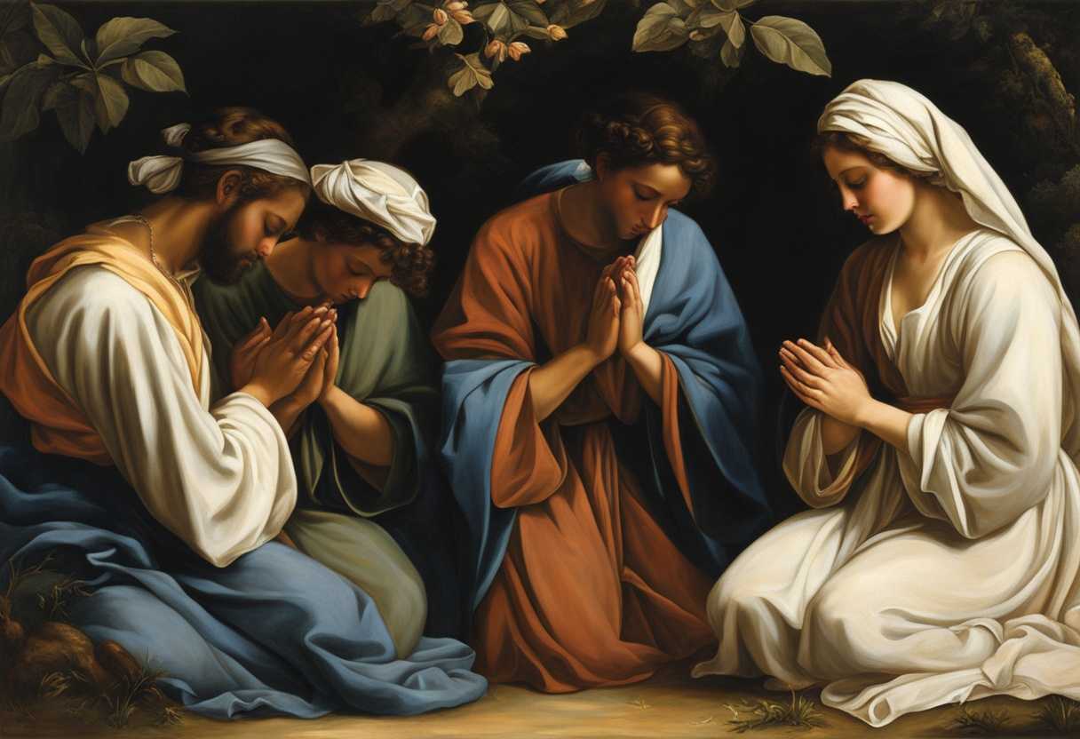 A-diverse-group-of-individuals-in-prayer-hands-clasped-heads-bowed-surrounded-by-nature's-tranqui_jhax