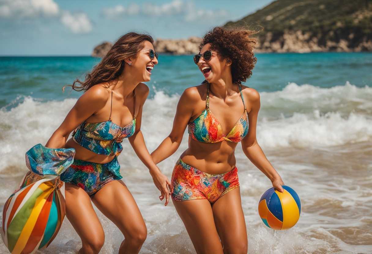 Friends-in-colorful-beachwear-laugh-and-play-by-the-sparkling-water-captured-in-a-dynamic-candid-m_chcy