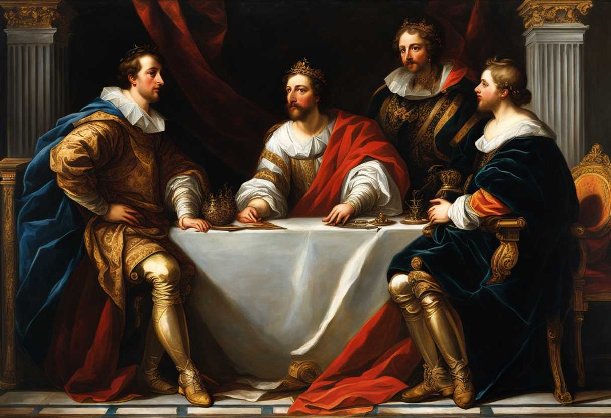 Four-kings-in-opulent-attire-gaze-towards-Greece-exuding-power-and-ambition-under-dramatic-lighting_effd