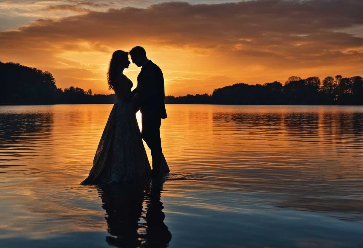 Couple-by-lake-at-sunset-silhouettes-reflecting-flowing-dress-in-breeze-intimate-connection_vhvu