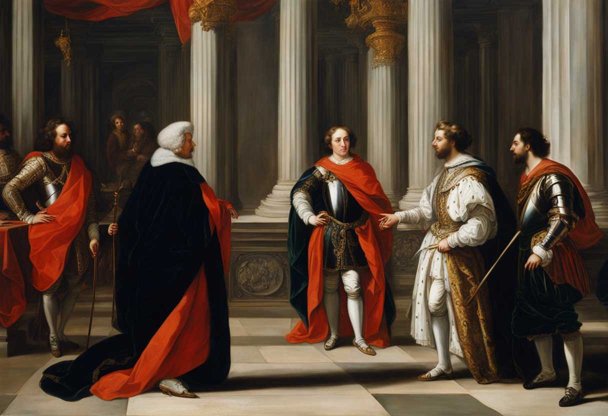 Four-noble-figures-in-regal-attire-converse-with-a-chief-eunuch-in-a-grand-court-setting_quuz